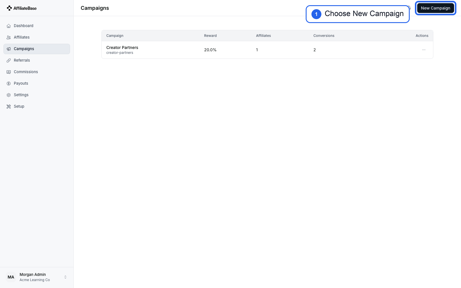 Campaigns list with New Campaign highlighted