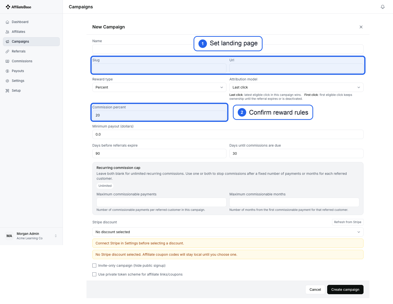 New campaign form with destination and commission settings highlighted