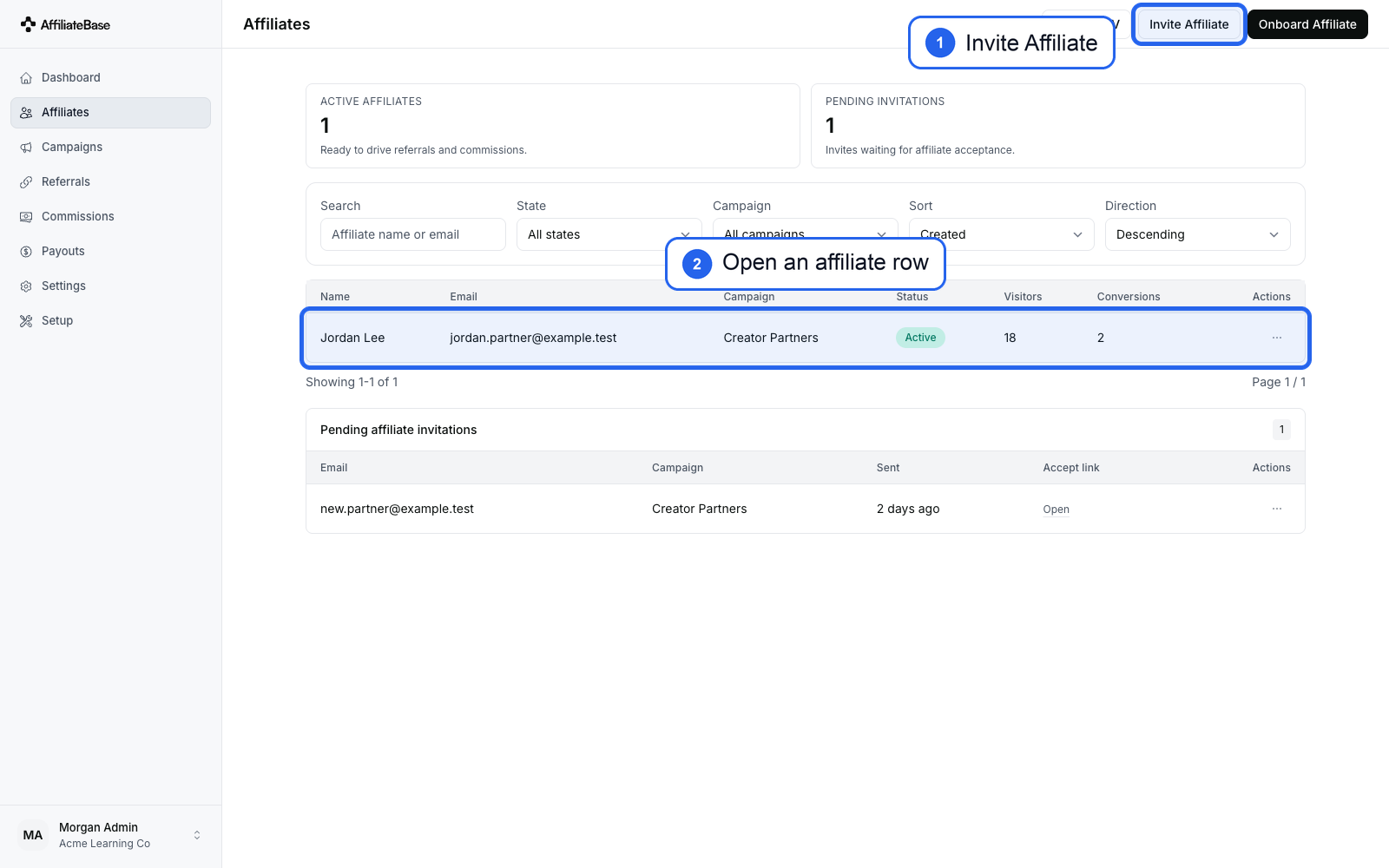 Affiliates page showing invite button, active affiliate, and pending invite panel