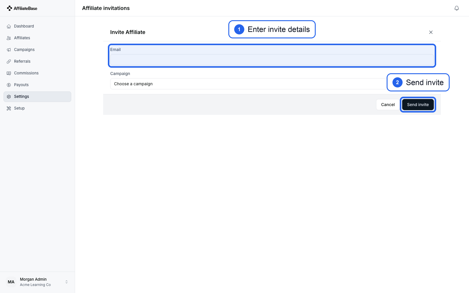 Affiliate invitation form with email, campaign, and Send invite highlighted