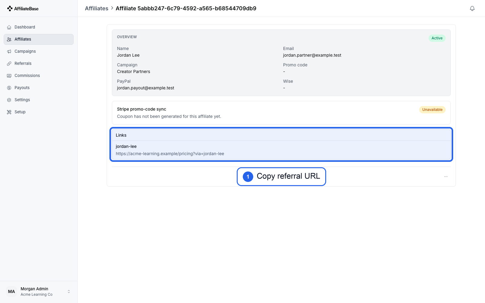 Affiliate profile showing generated referral link under Links