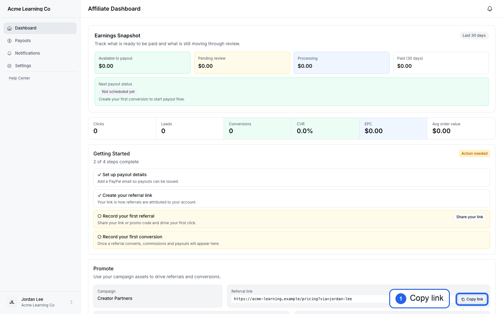 Affiliate portal Promote section with Copy link highlighted