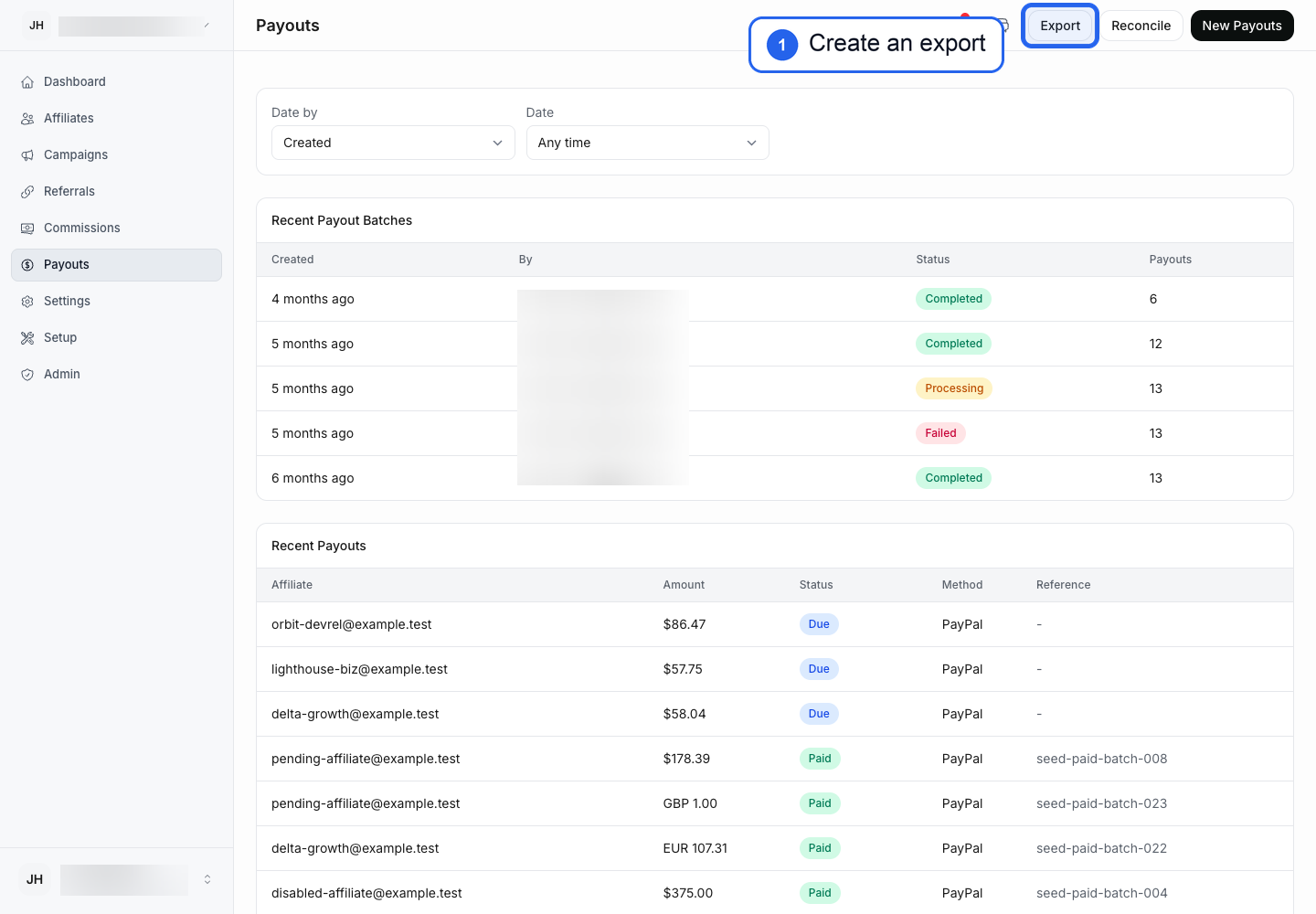 Payouts page with the Export button highlighted