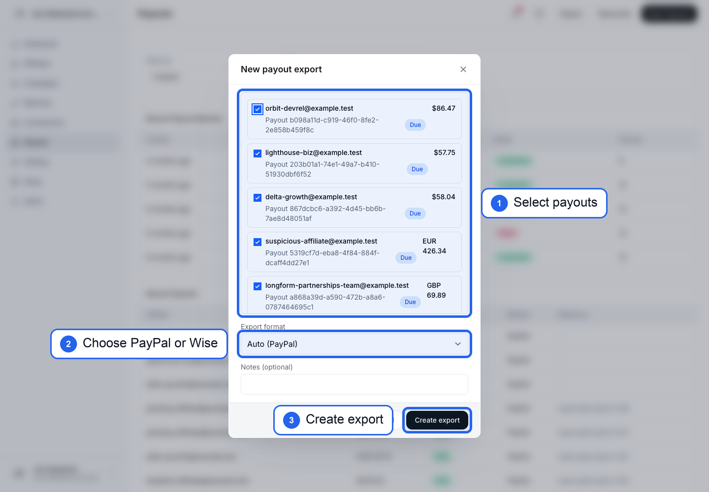 New payout export modal with payout selection, export format, and Create export highlighted