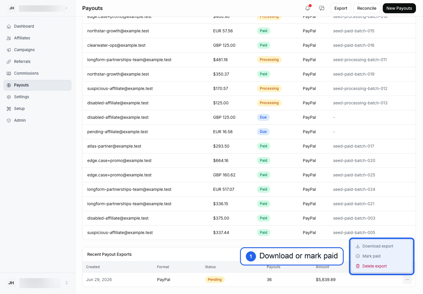 Recent Payout Exports actions menu with Download export and Mark paid highlighted