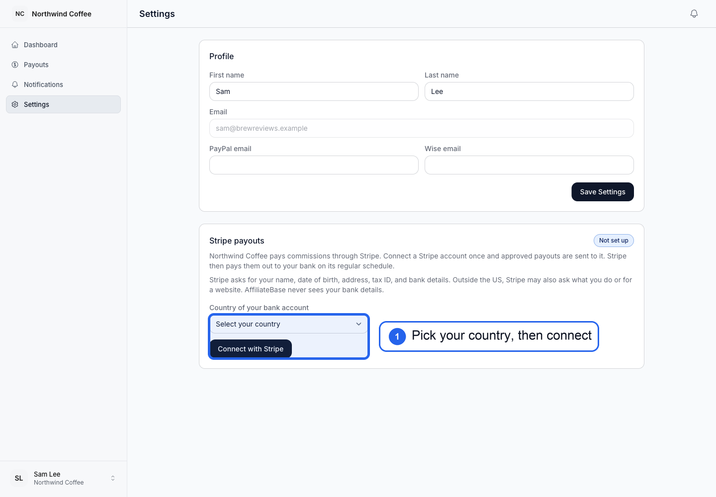 Affiliate portal Settings with the Stripe payouts section, highlighting the Country of your bank account menu and the Connect with Stripe button