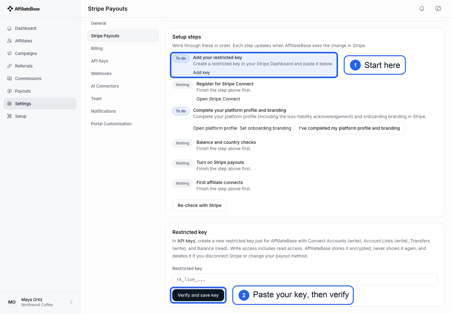 Stripe Payouts setup steps with Add your restricted key highlighted as the first step, and the restricted key field and Verify and save key button highlighted