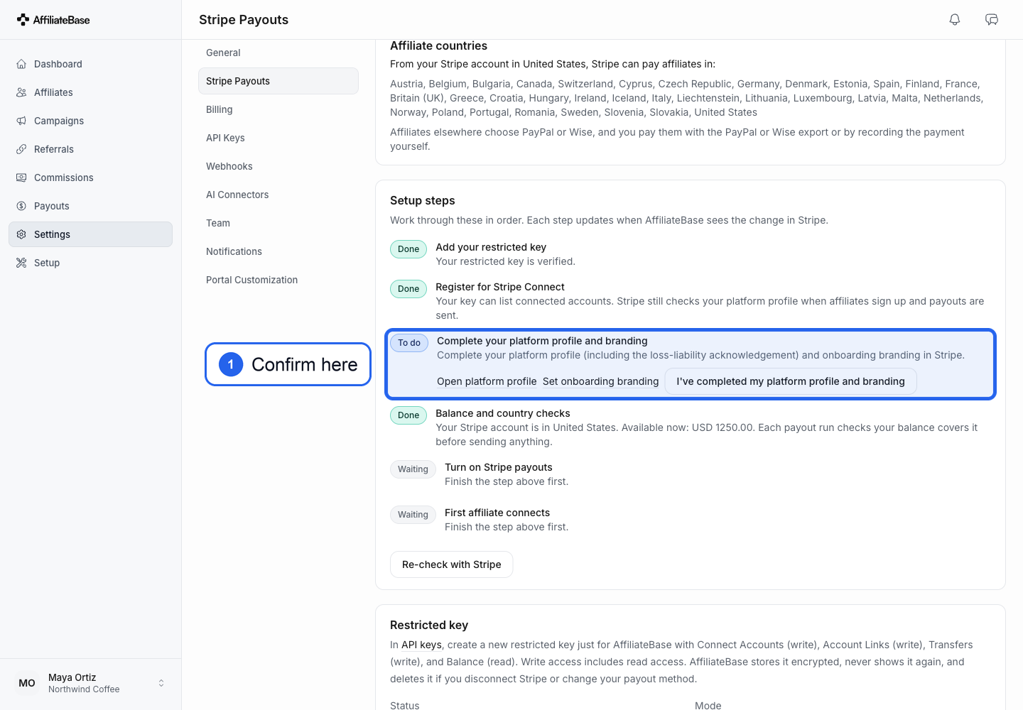Setup steps with the Complete your platform profile and branding step highlighted, including the I've completed my platform profile and branding button