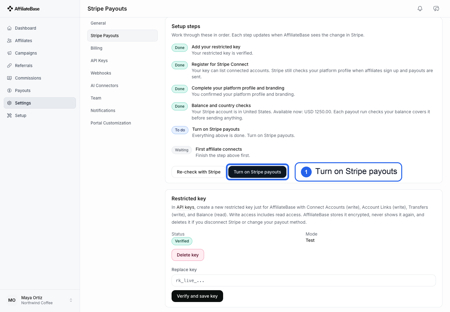 Setup steps with the first four steps Done and the Turn on Stripe payouts button highlighted