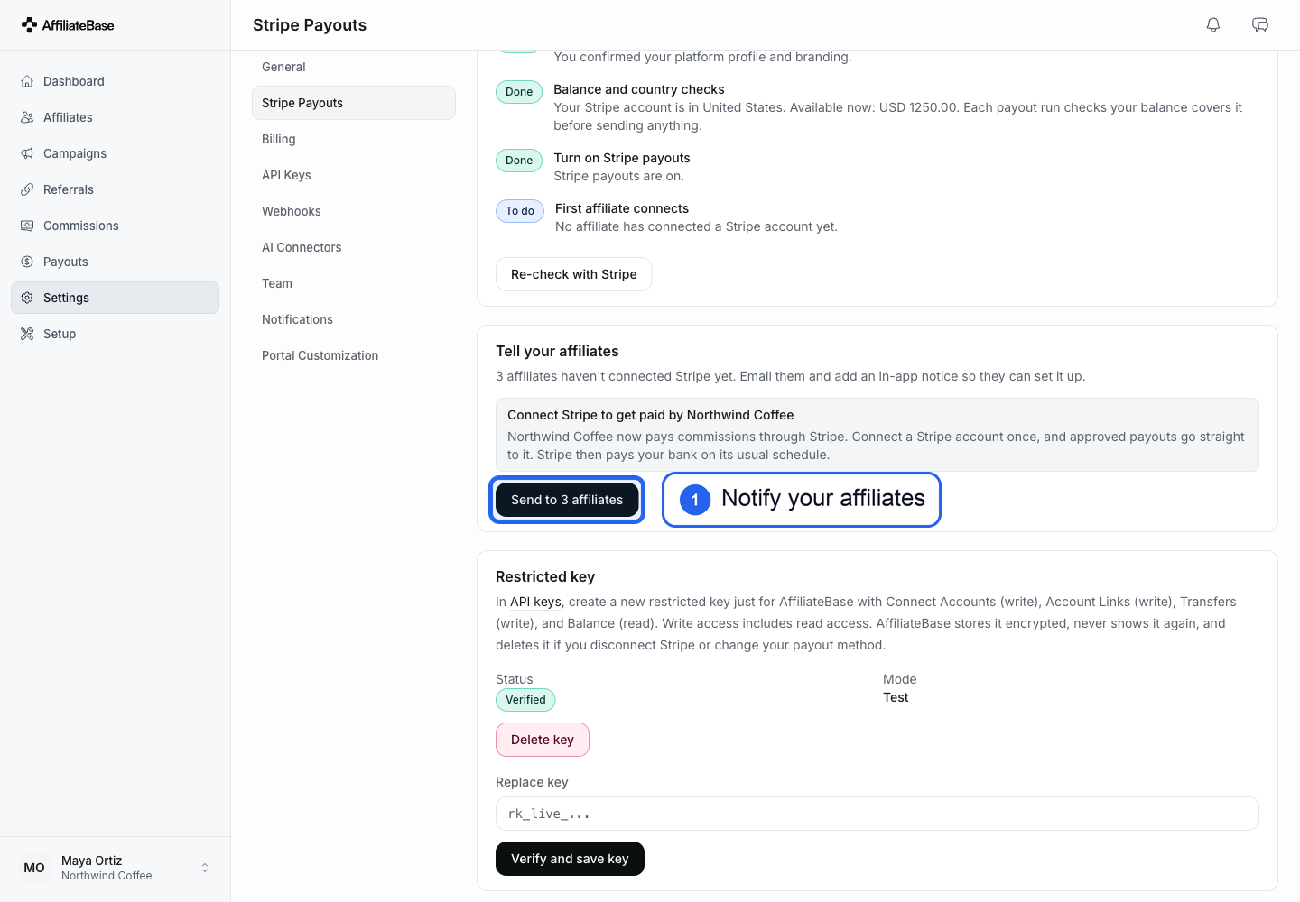 Tell your affiliates card showing the message preview, with the Send to 3 affiliates button highlighted